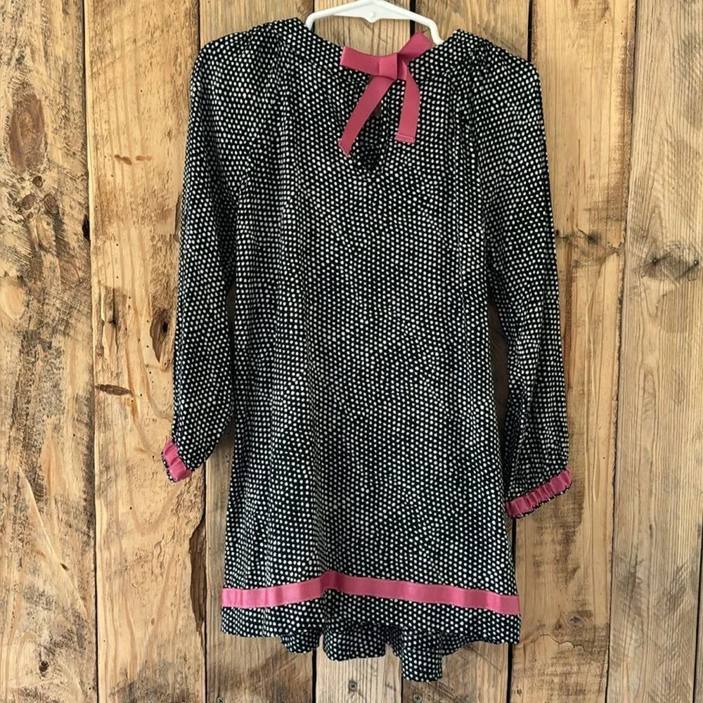 Hanna Andersson Girls Black Polka Dot Dress with Pink Ribbon Trim And Bow Size 4